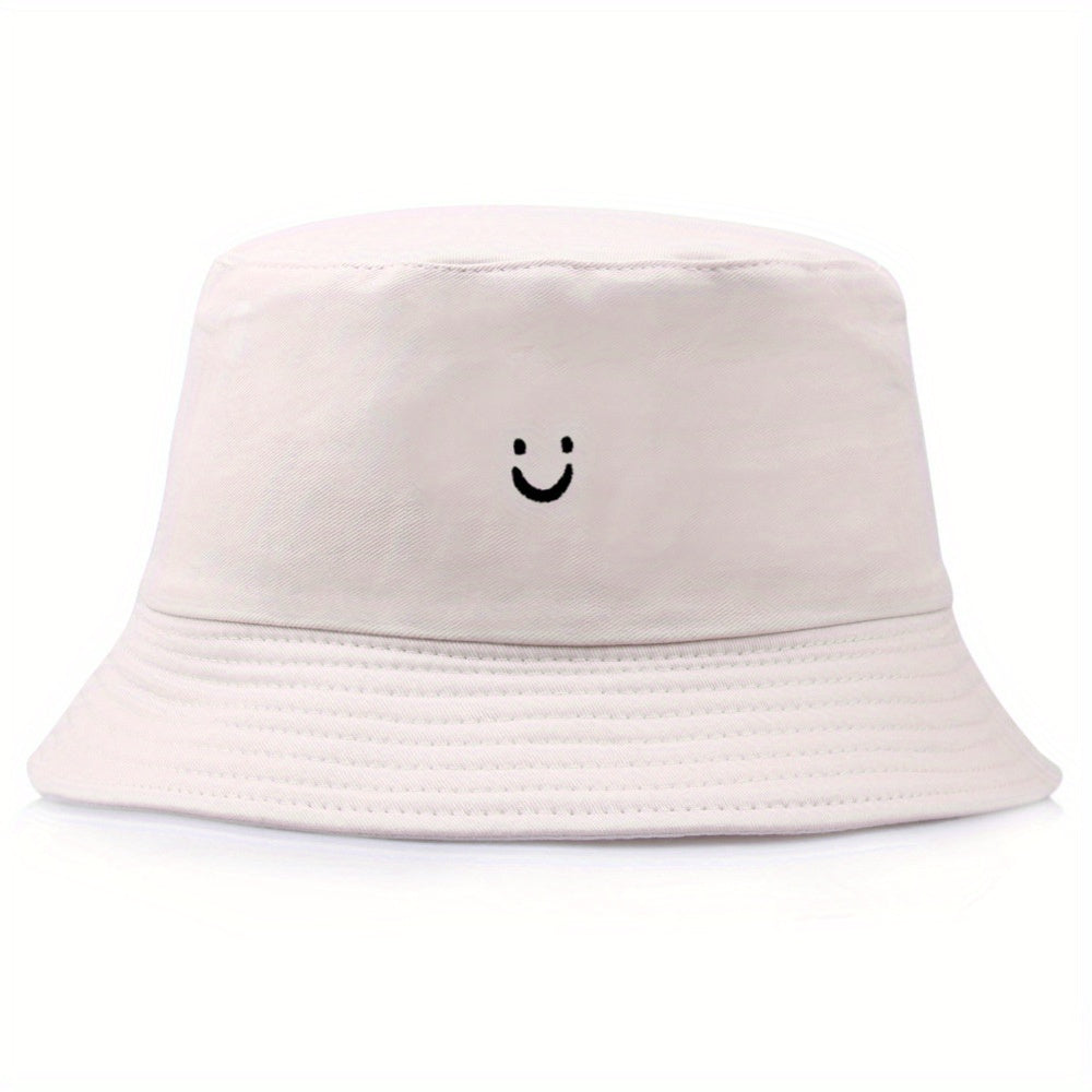 1pc Unisex Trendy Versatile Sunshade Bucket Hat With Smile Embroidered, Double-sided Sun Hat For Outdoor Vacation Travel