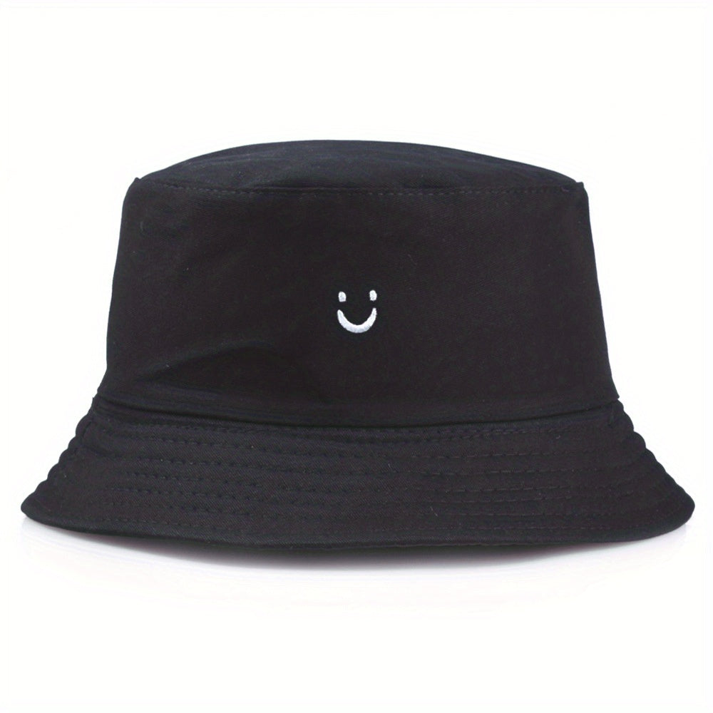 1pc Unisex Trendy Versatile Sunshade Bucket Hat With Smile Embroidered, Double-sided Sun Hat For Outdoor Vacation Travel