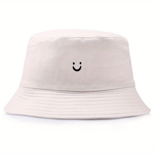 1pc Unisex Trendy Versatile Sunshade Bucket Hat With Smile Embroidered, Double-sided Sun Hat For Outdoor Vacation Travel