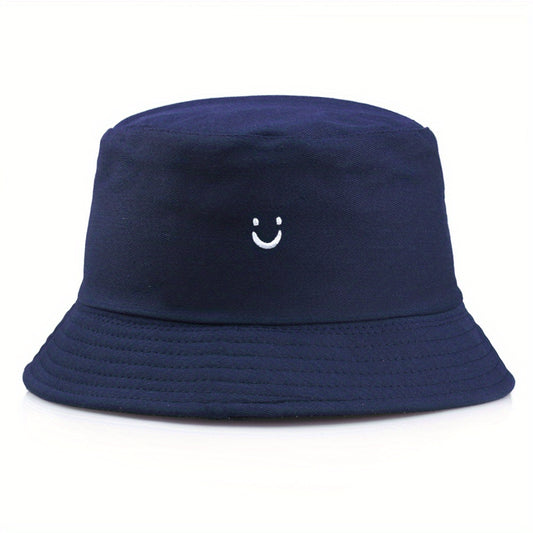 1pc Unisex Trendy Versatile Sunshade Bucket Hat With Smile Embroidered, Double-sided Sun Hat For Outdoor Vacation Travel